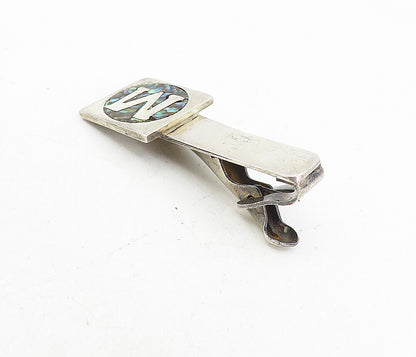 AA MEXICO 925 Silver Vintage Abalone Shell M Initial Square Tie Clip  TR1386