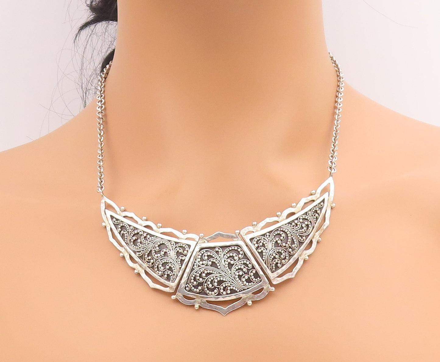 925 Sterling Silver Vintage Necklace LOIS HILL Intricate Scrollwork Chain NE4750