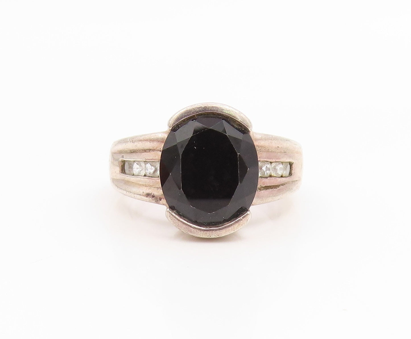 925 Sterling Silver Vintage Ring Onyx & Topaz Statement Band  Sz 7  RG35833