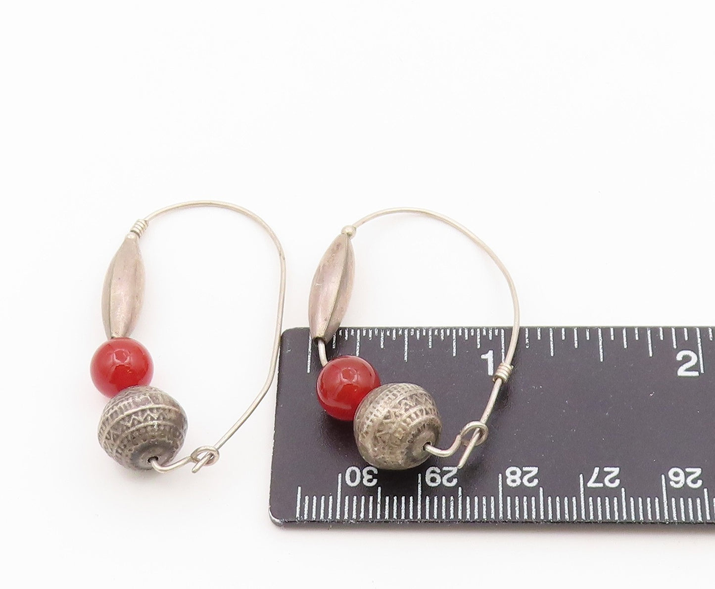 925 Sterling Silver Vintage Earrings Modernist Carnelian Bead Hoops  EG14500