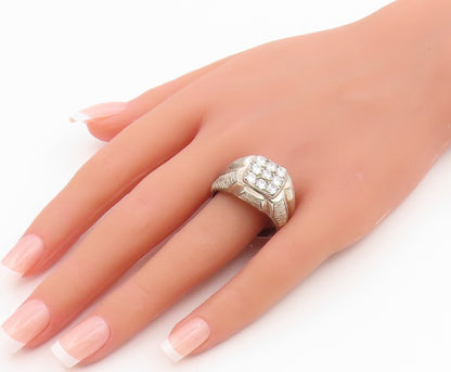 925 Sterling Silver Vintage Ring CZ Grid Etched Statement Band  Sz 13  RG35855
