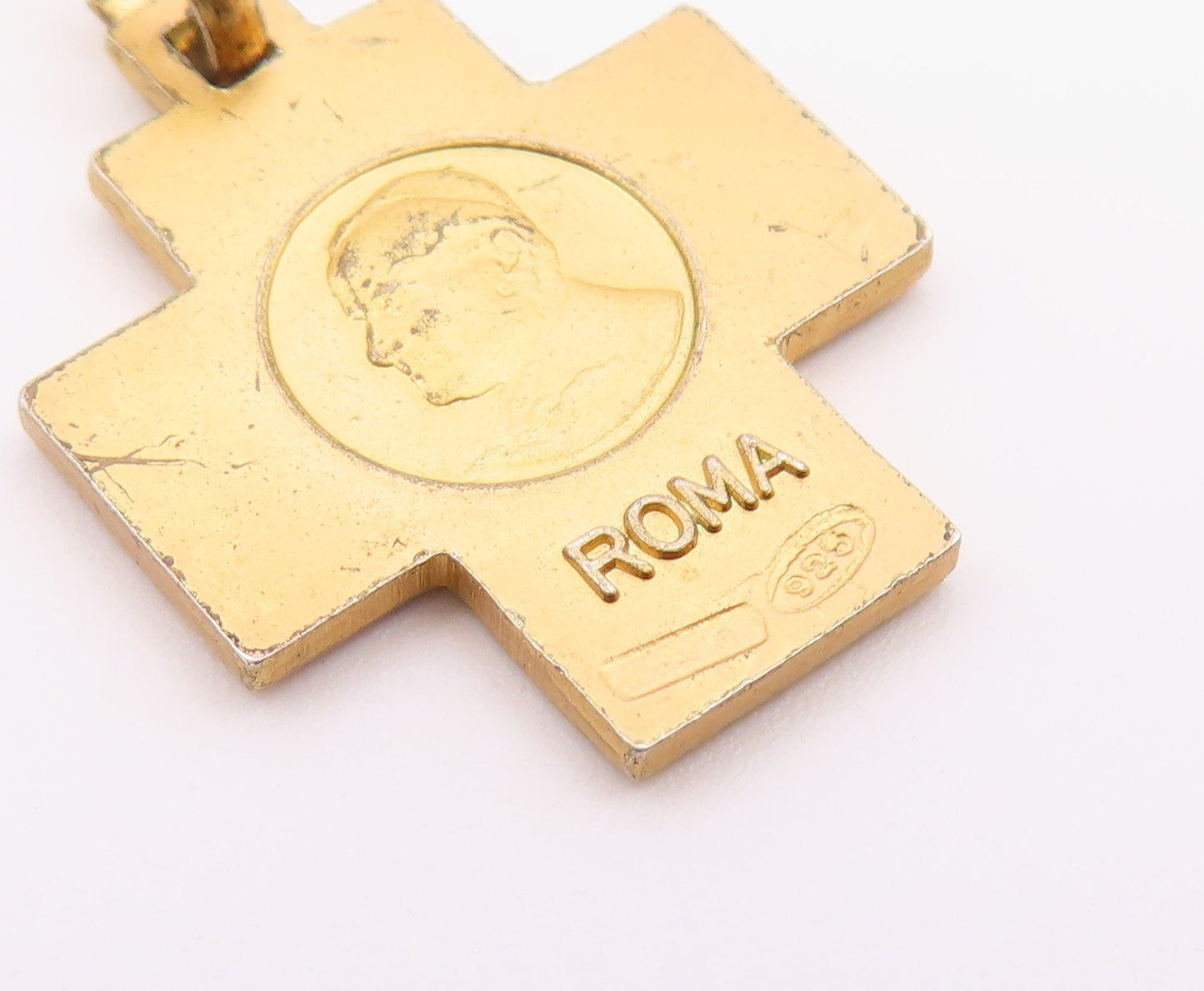 925 Silver  Vintage Gold Tone Religious Cross Of Peace & Pope Pendant  PT21042
