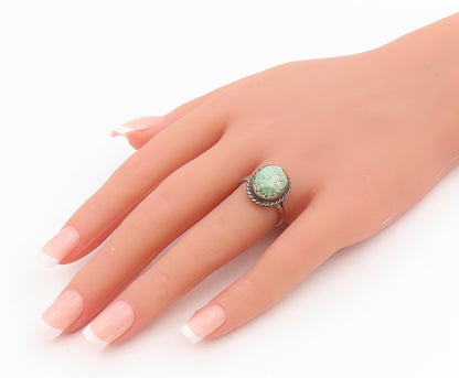 925 Sterling Silver Vintage Ring Green Turquoise Halo Rope Edge  Sz 8.5  RG34196