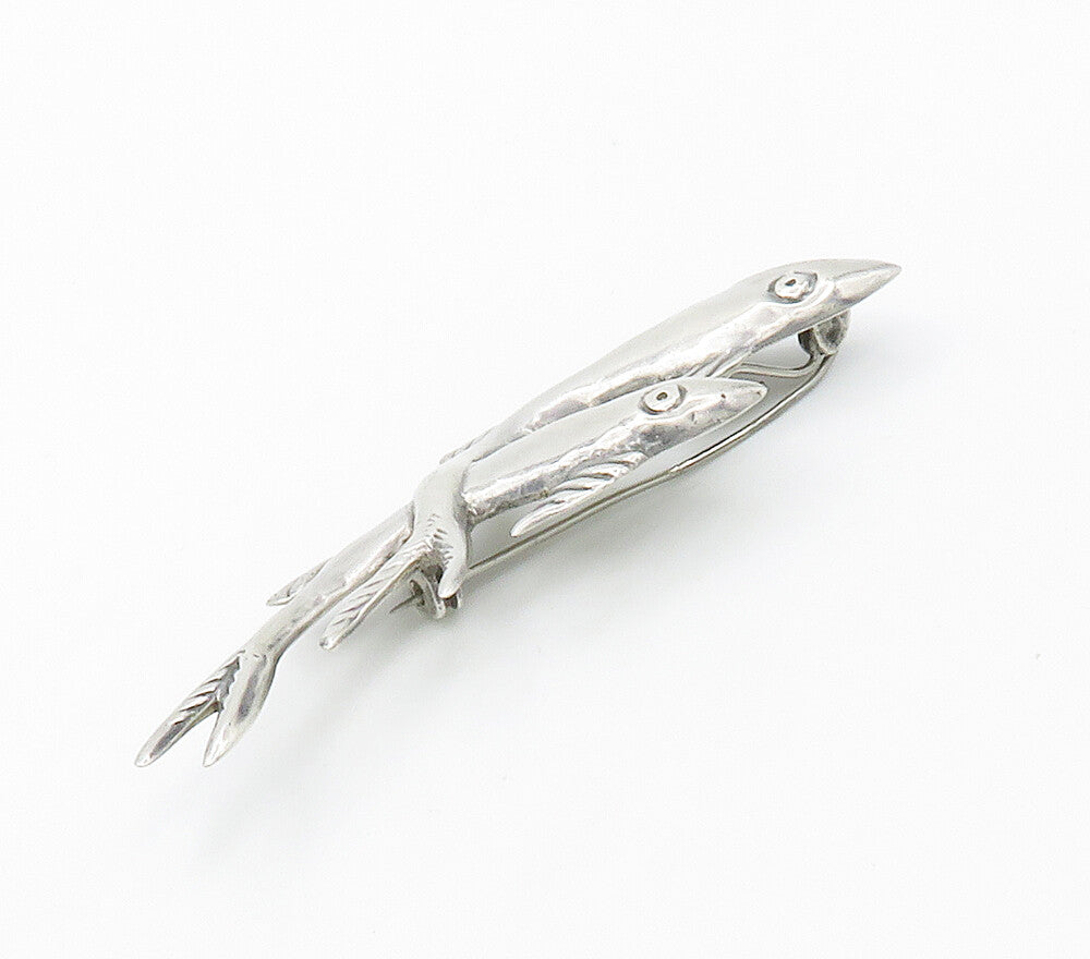 MEXICO 925 Sterling Silver  Vintage Shiny Hollow Double Fish Brooch Pin BP6072