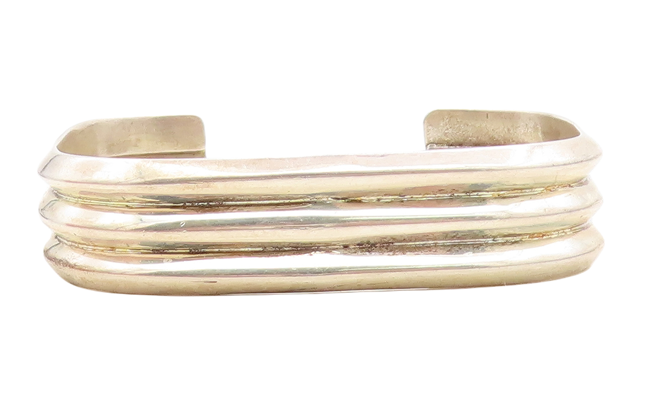 MEXICO 925 Sterling Silver  Vintage Shiny Fluted Square Cuff Bracelet  BT2812