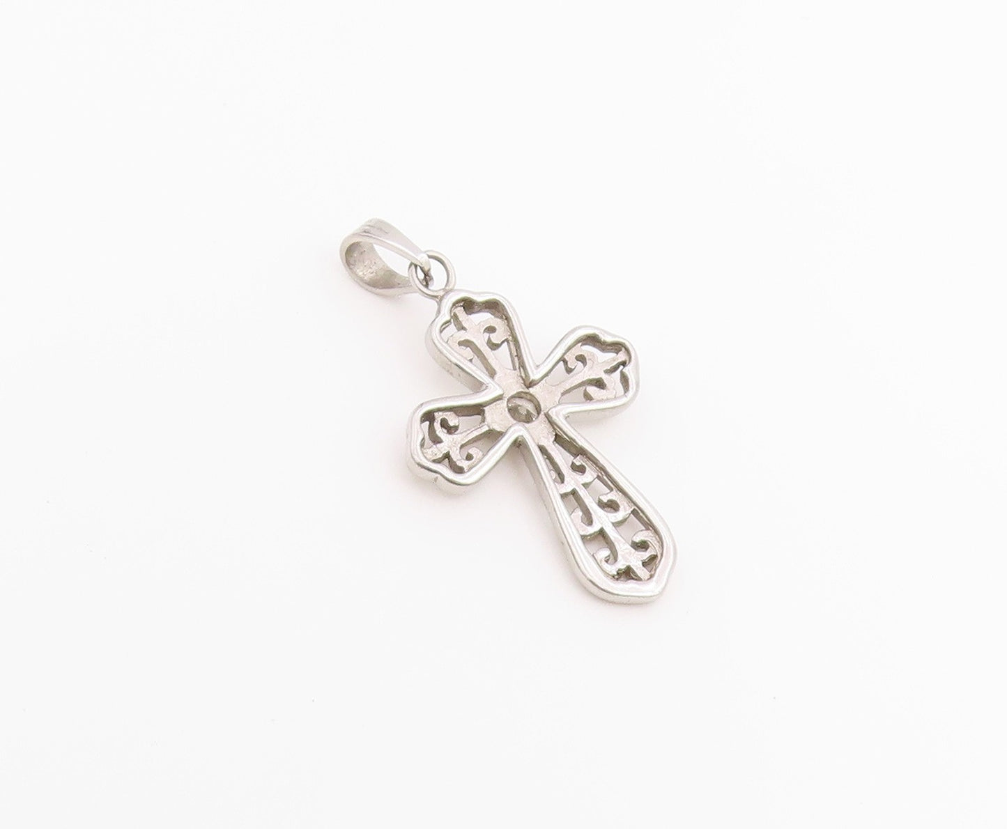 925 Sterling Silver Vintage Pendant Round Cut CZ Religious Cross Charm  PT26528