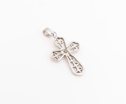 925 Sterling Silver Vintage Pendant Round Cut CZ Religious Cross Charm  PT26528