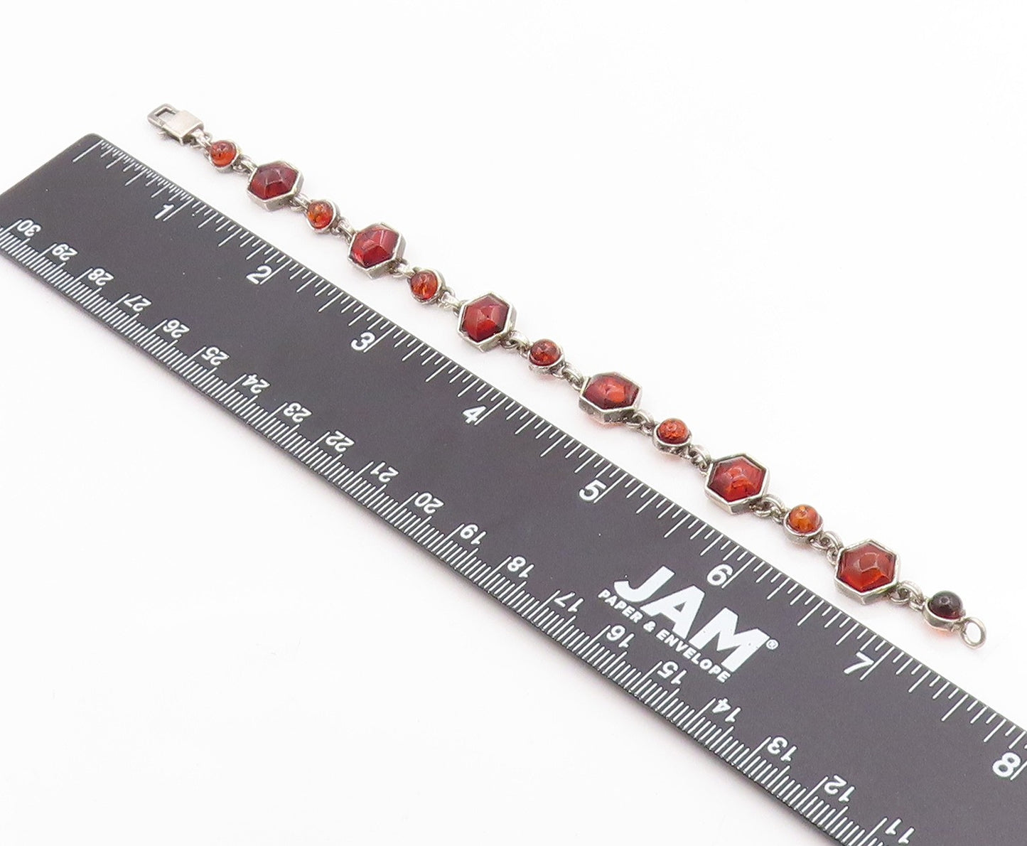 925 Sterling Silver Vintage Bracelet Chunky Honey Amber Geometric Link  BT12085