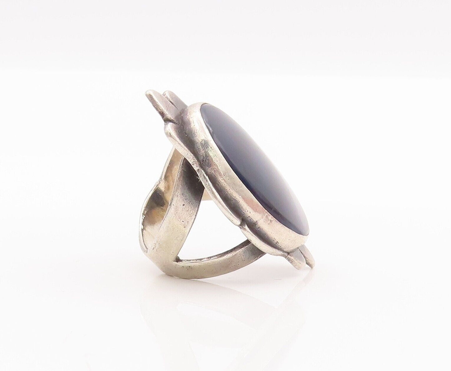 925 Sterling Silver Vintage Ring NAVAJO Large Oval Dark Blue Onyx  Sz 5  RG28487