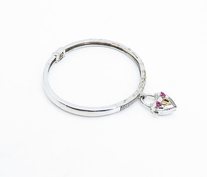 925 Silver  Ruby & Genuine Diamonds Padlock Charm Bangle Bracelet  BT3018