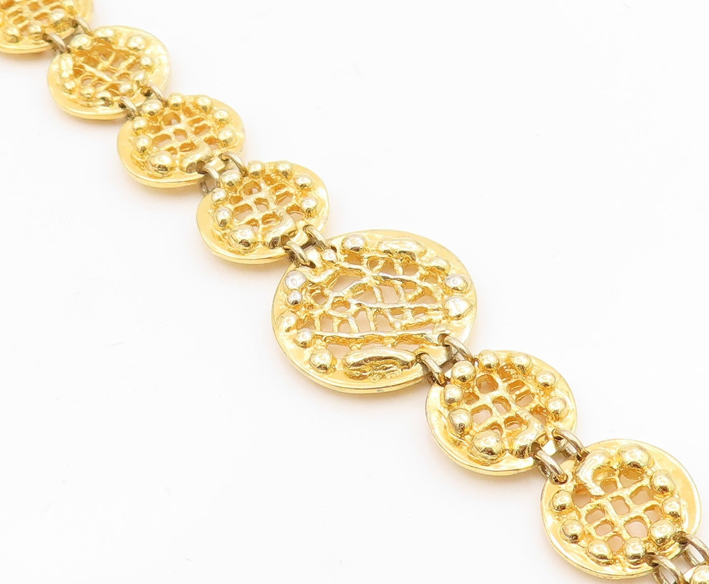 925 Sterling Silver Vintage Bracelet Gold Plated Round Cutout Medallion  BT11529