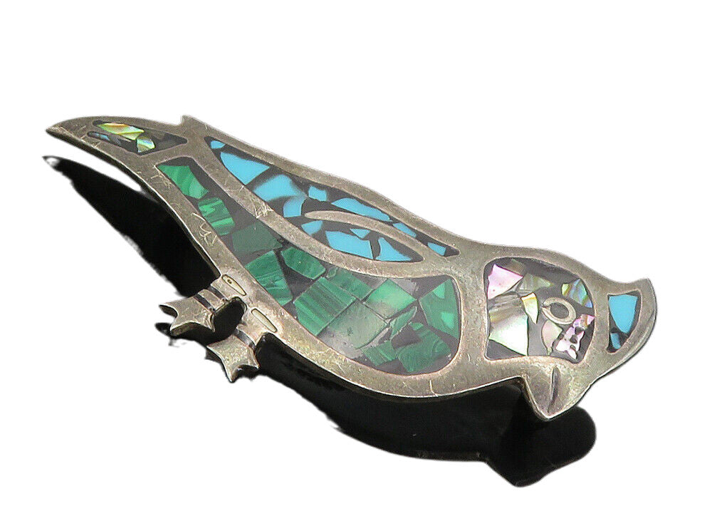 MEXICO 925 Silver Vintage Malachite Abalone & Turquoise Brooch Pin BP3287