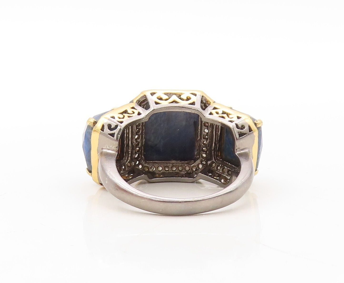 925 Sterling Silver Vintage Ring Diamonds & Blue Gemstones Inlay  Sz 8  RG31070
