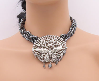925 Sterling Silver Vintage Necklace Dark Tone Butterfly Hematite Bands  NE4483