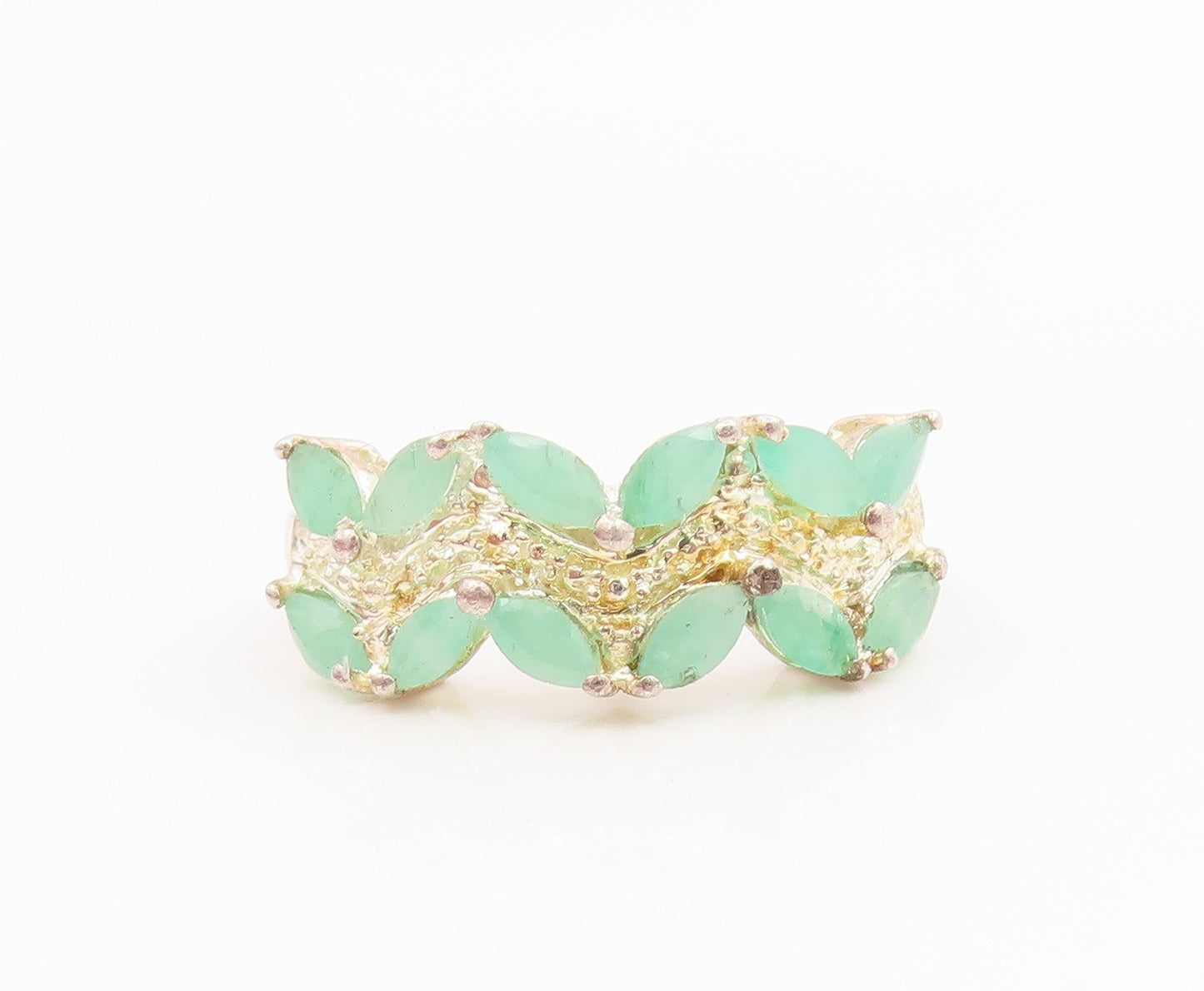 925 Sterling Silver Vintage Ring Marquise Emerald Leafy Band  Sz 6.5  RG35654