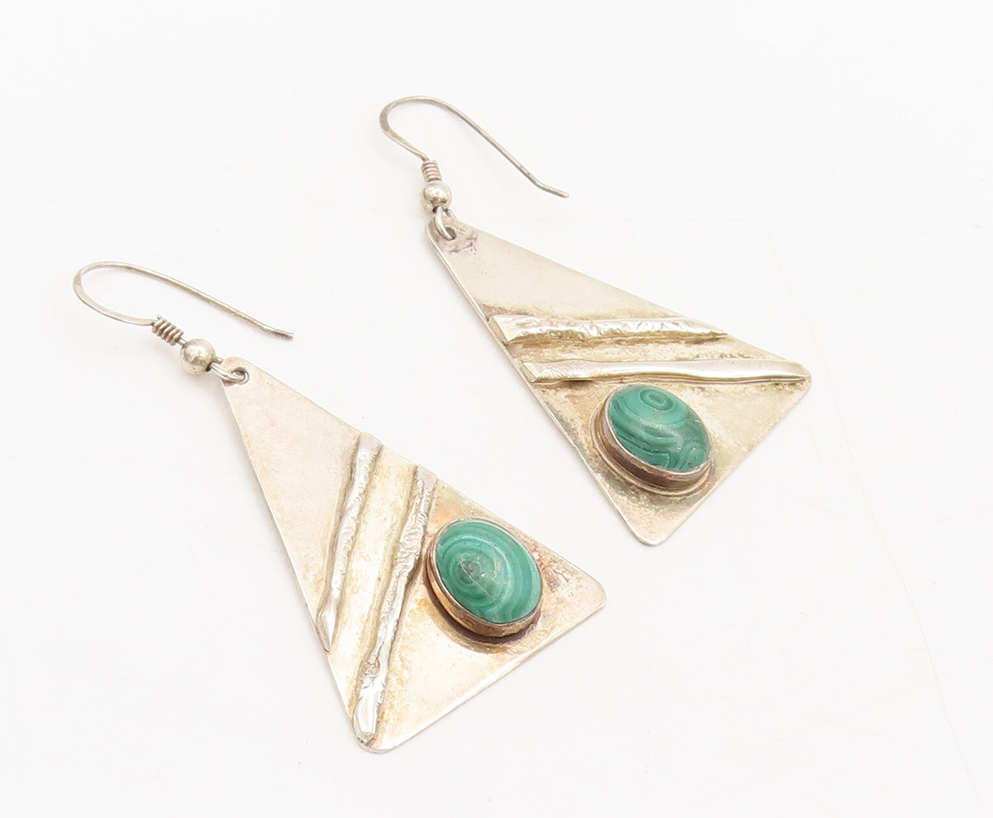 925 Silver  Vintage Modernist Malachite Carved Triangle Earrings  EG12615