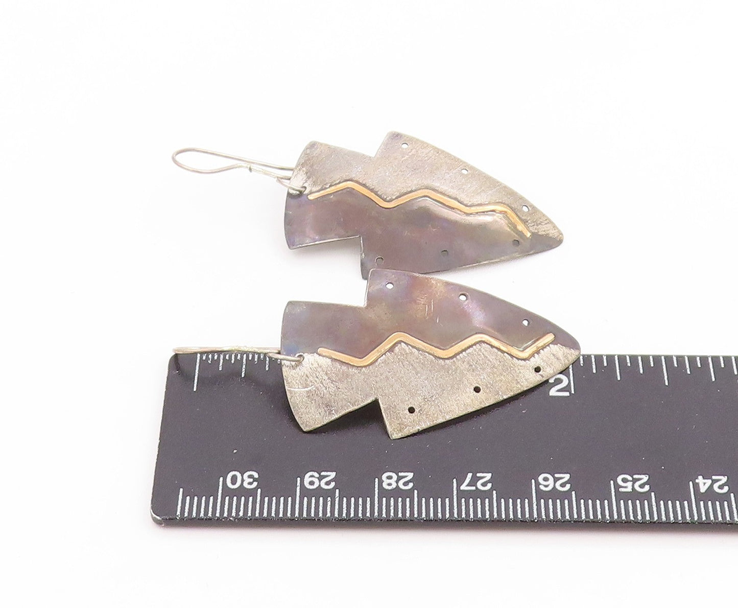 14k Gold & 925 Sterling Silver Vintage Earrings Designer Zigzag Dangle  EG14027