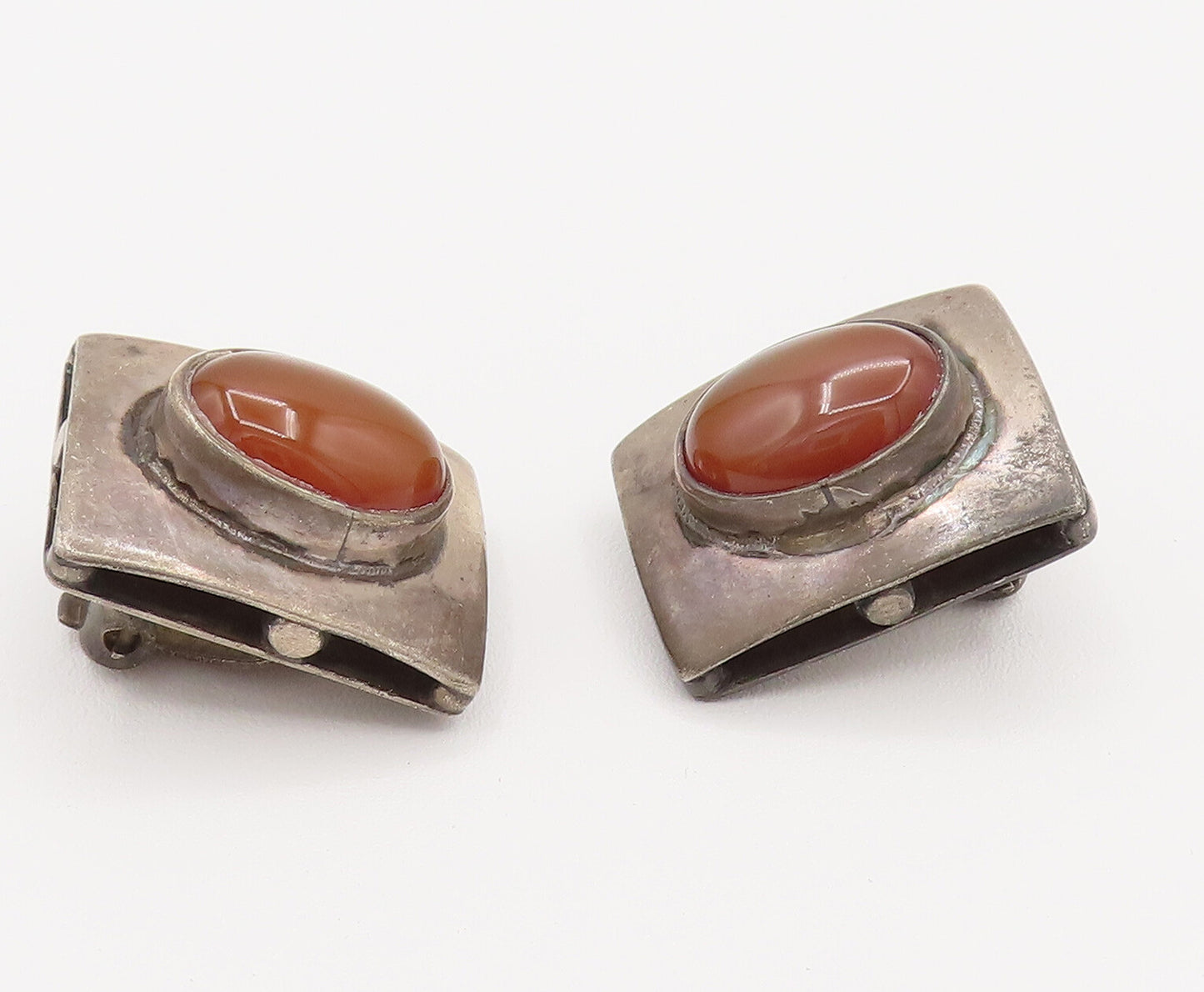 925 Silver  Vintage Minimalist Cabochon Carnelian Clip Back Earrings  EG12327