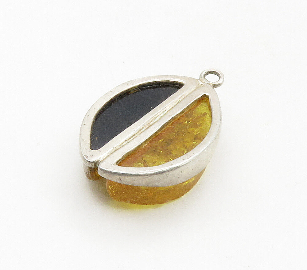 925 Sterling Silver  Vintage Amber Shiny Half Moon Shaped Pendant  PT13272