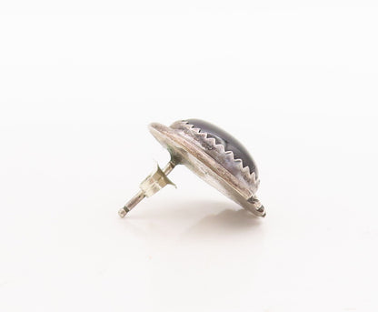 925 Sterling Silver Vintage Earrings NAVAJO Cabochon Onyx Halo Carved  EG13119