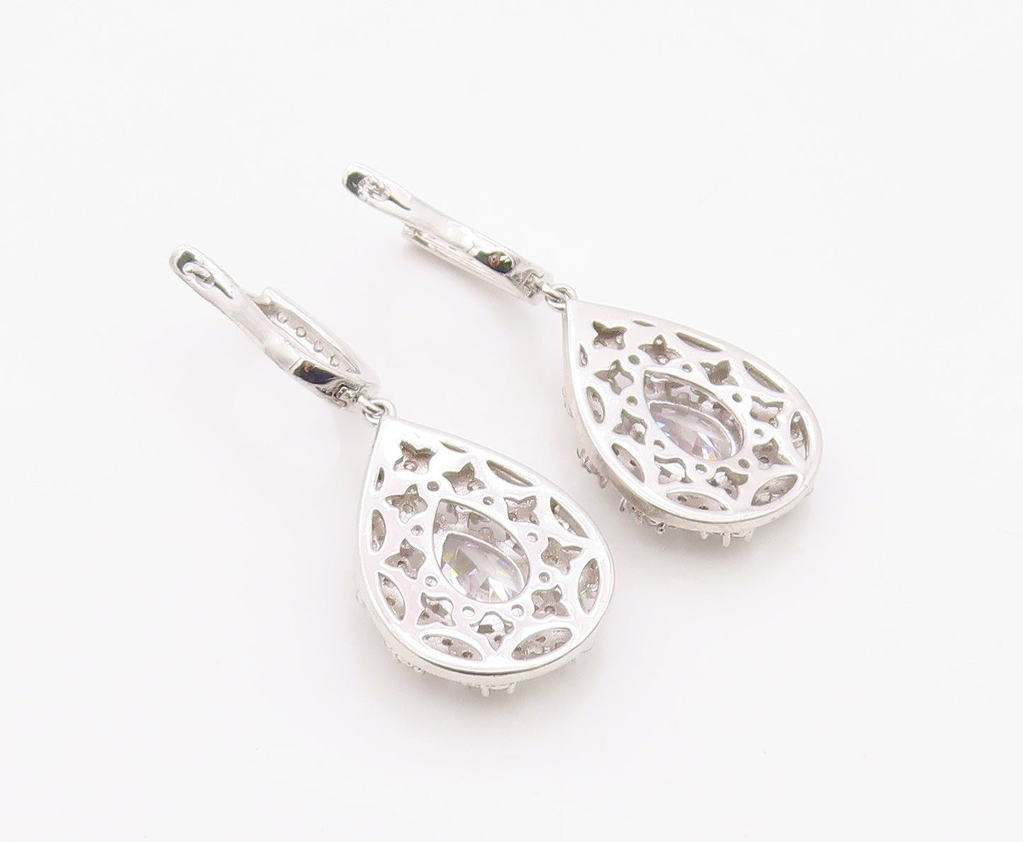 925 Sterling Silver Vintage Earrings Dazzling CZ Halo Teardrop Cluster  EG14376
