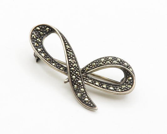 925 Sterling Silver  Vintage Shiny Marcasite Swirled Ribbon Brooch Pin  BP5663