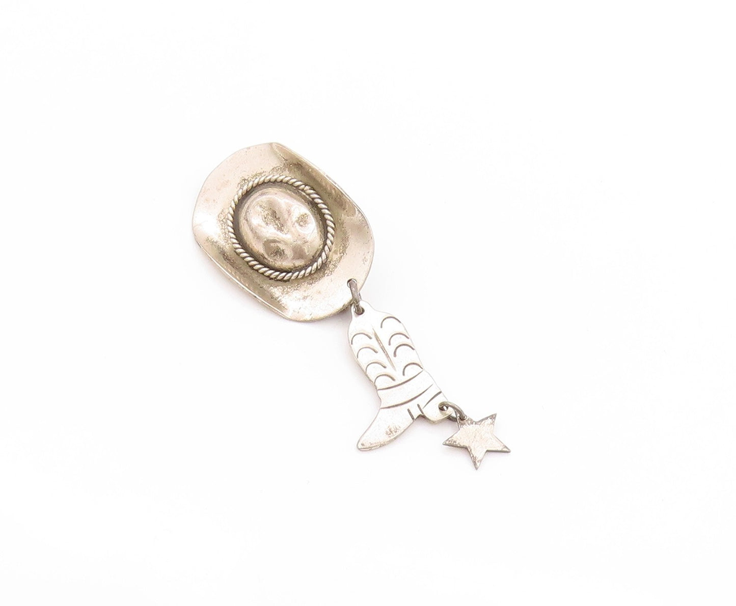 925 Sterling Silver Vintage Brooch Cowboy Hat With Dangling Boots & Star BP11649