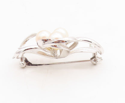925 Sterling Silver Vintage Brooch Designer Cutout Pearl Flower  BP11470