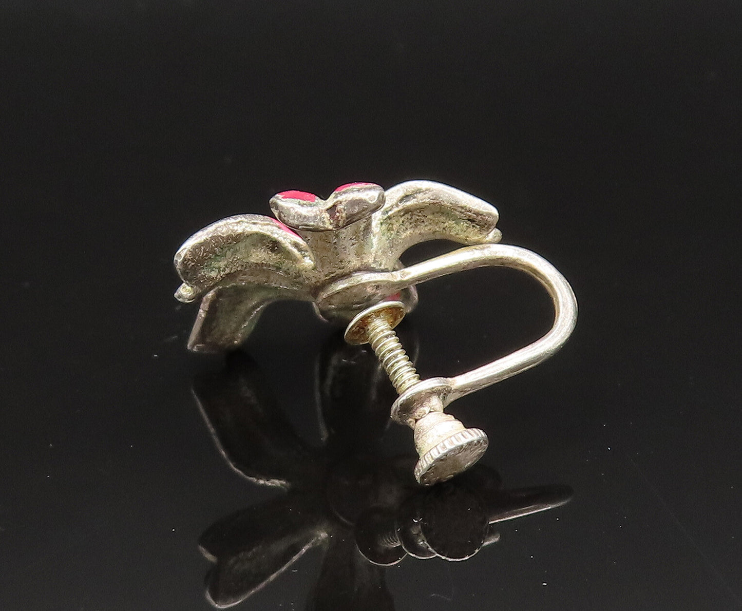 925 Silver  Vintage Enamel & Red Spinel Floral Screw Back Earrings  EG11733