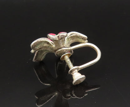 925 Silver  Vintage Enamel & Red Spinel Floral Screw Back Earrings  EG11733