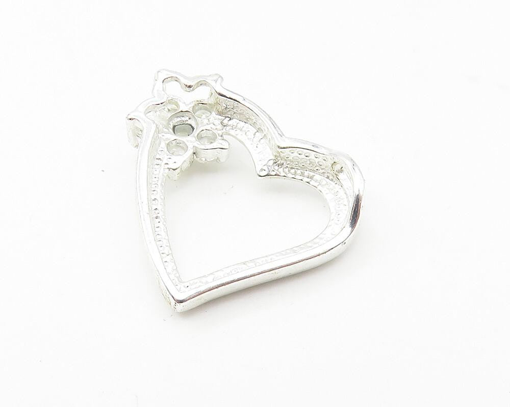 925 Sterling Silver  White Topaz Floral Cluster Love Heart Pendant  PT8713