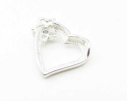 925 Sterling Silver  White Topaz Floral Cluster Love Heart Pendant  PT8713