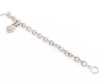 925 Sterling Silver Vintage Bracelet Roped Rings Dangling Diamonds Heart BT11250