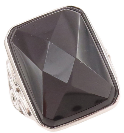 925 Sterling Silver Vintage Ring Rectangle Cut Onyx Carved Band  Sz 6.5  RG29279