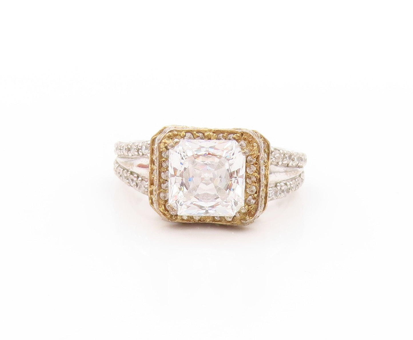 925 Sterling Silver Vintage Ring Designer Square Halo Round CZ  Sz 8.5  RG32997