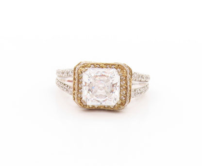 925 Sterling Silver Vintage Ring Designer Square Halo Round CZ  Sz 8.5  RG32997
