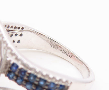 925 Sterling Silver Vintage Ring Cutout Blue White Topaz Sapphire Sz 7.5 RG29666