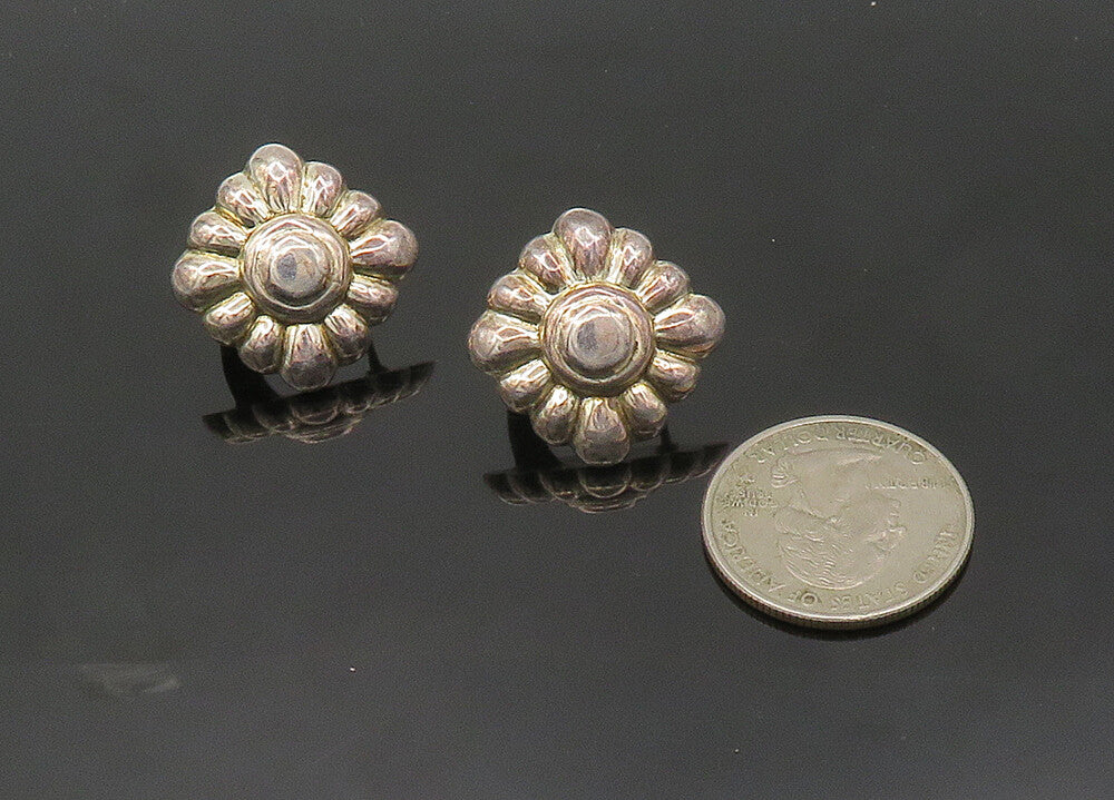 925 Sterling Silver  Vintage Shiny Flower Motif Hollow Drop Earrings  EG10225