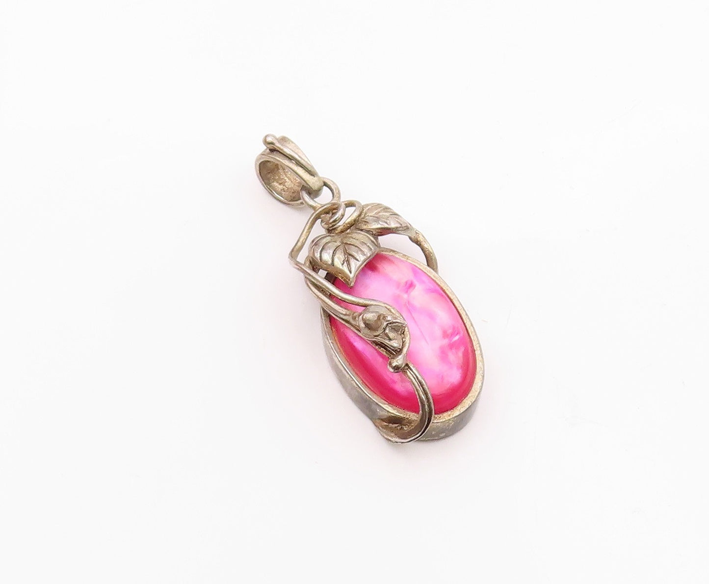 925 Sterling Silver  Vintage Floral Vine Wrapped Pink Stone Pendant  PT7836