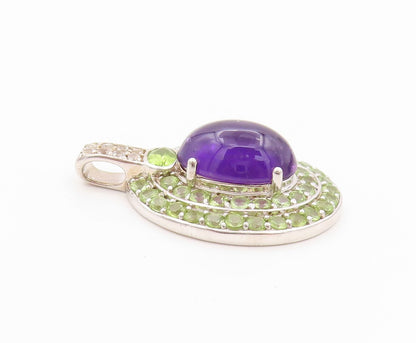 925 Sterling Silver Vintage Pendant Oval Amethyst Halo Peridot & Topaz  PT24100