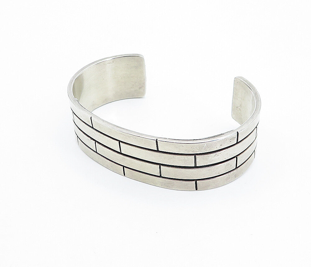 925 Sterling Silver  Vintage Shiny Brick Layer Design Cuff Bracelet  BT1761