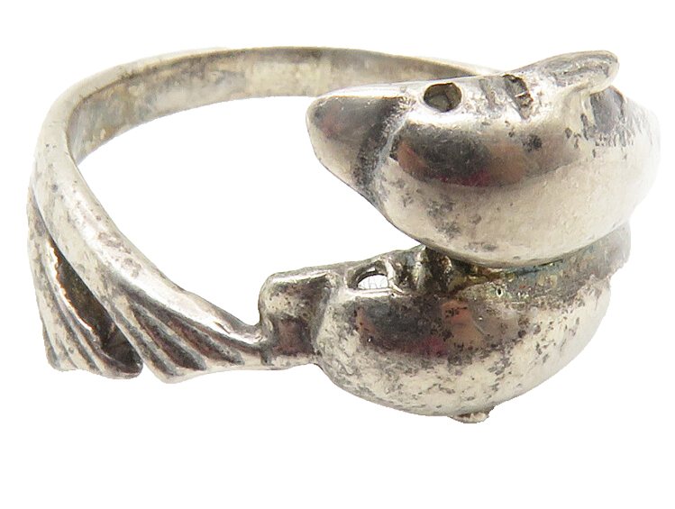 925 Sterling Silver  Vintage Dark Tone Double Dolphin Band Ring Sz 7  RG11865