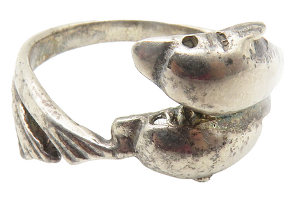 925 Sterling Silver  Vintage Dark Tone Double Dolphin Band Ring Sz 7  RG11865