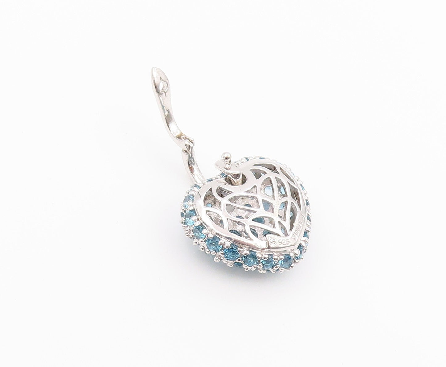 925 Sterling Silver Vintage Pendant Elegant Blue Topaz Love Heart Charm  PT26421