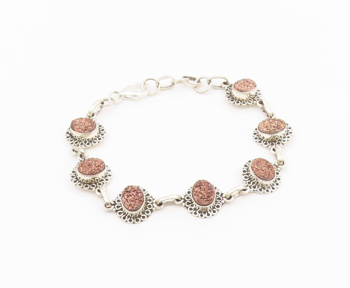 925 Sterling Silver  Druzy Stone Shiny Floral Link Chain Bracelet  BT3641