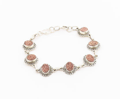 925 Sterling Silver  Druzy Stone Shiny Floral Link Chain Bracelet  BT3641