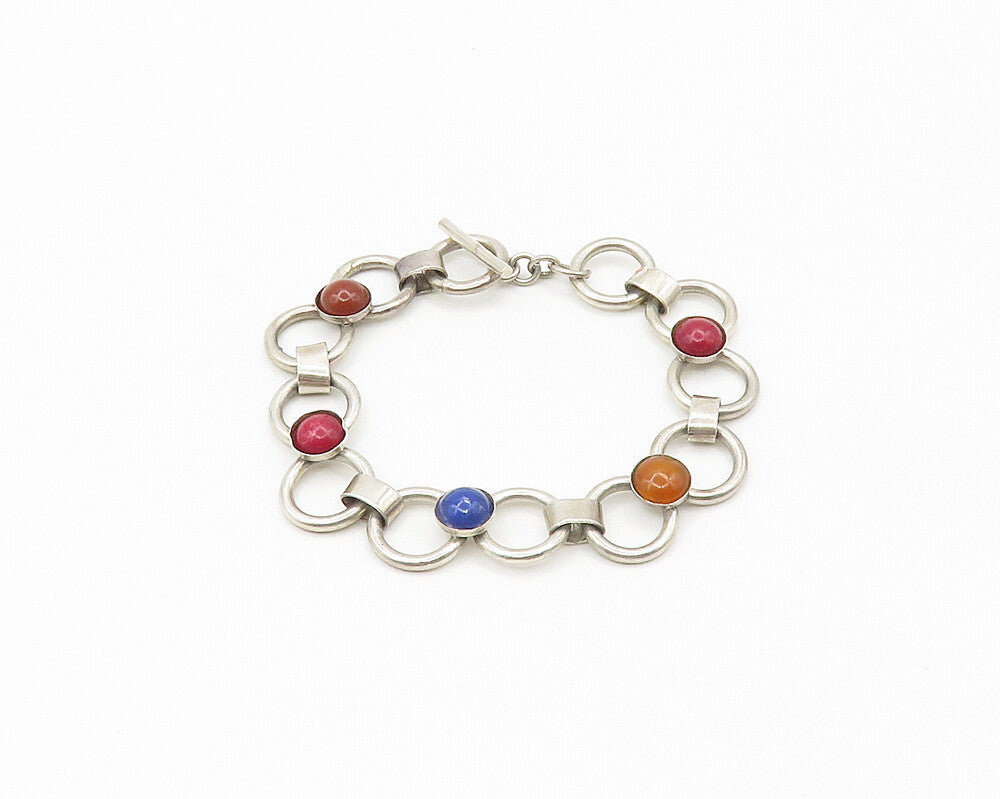 MEXICO 925 Sterling Silver Vintage Carnelian & Multi Stone Chain Bracelet BT7201