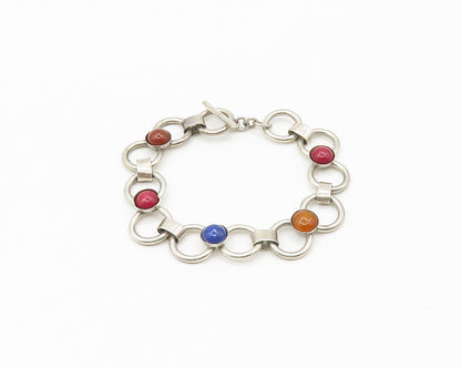 MEXICO 925 Sterling Silver Vintage Carnelian & Multi Stone Chain Bracelet BT7201