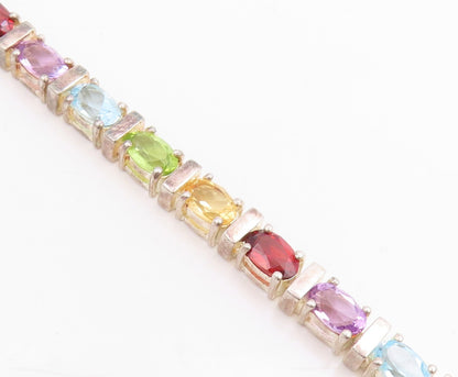 925 Sterling Silver Vintage Bracelet Oval Cut Multi Gemstone Link Chain  BT11461