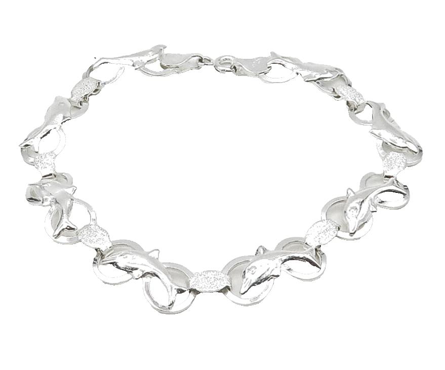 925 Sterling Silver  Shiny Leaping Dolphin Animal Motif Chain Bracelet  BT6184